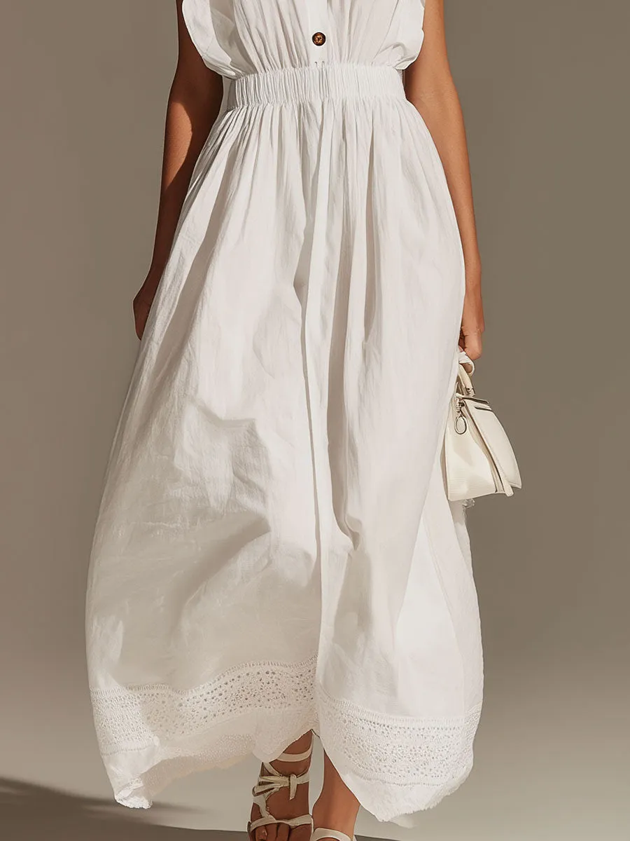 Elegant Vintage-style Embroidered White Sleeveless Cotton-blend Maxi Dress sold by Oyrosy product image thumbnail 4