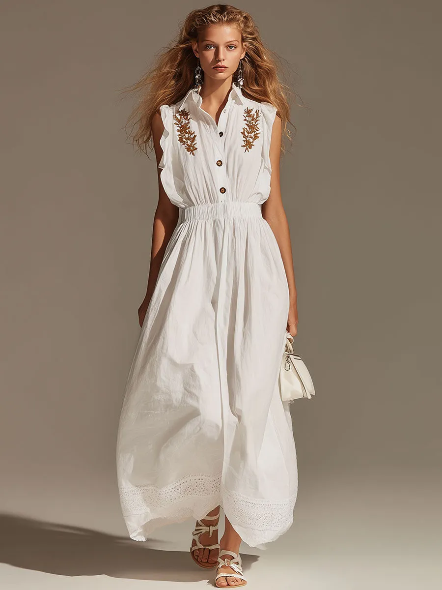 Elegant Vintage-style Embroidered White Sleeveless Cotton-blend Maxi Dress sold by Oyrosy product image thumbnail 2