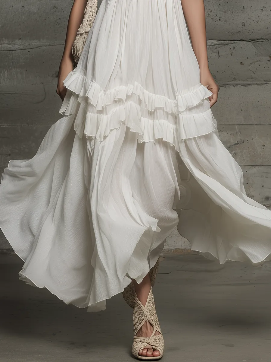 Elegant Vacation Stand-collar Sleeveless Ruffled Chiffon Midi Dress sold by Oyrosy product image thumbnail 4