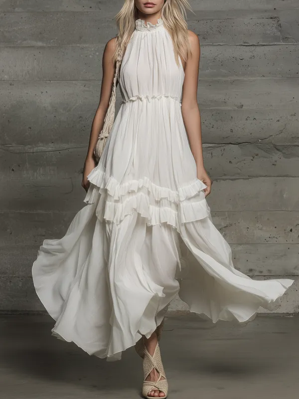 Elegant Vacation Stand-collar Sleeveless Ruffled Chiffon Midi Dress sold by Oyrosy