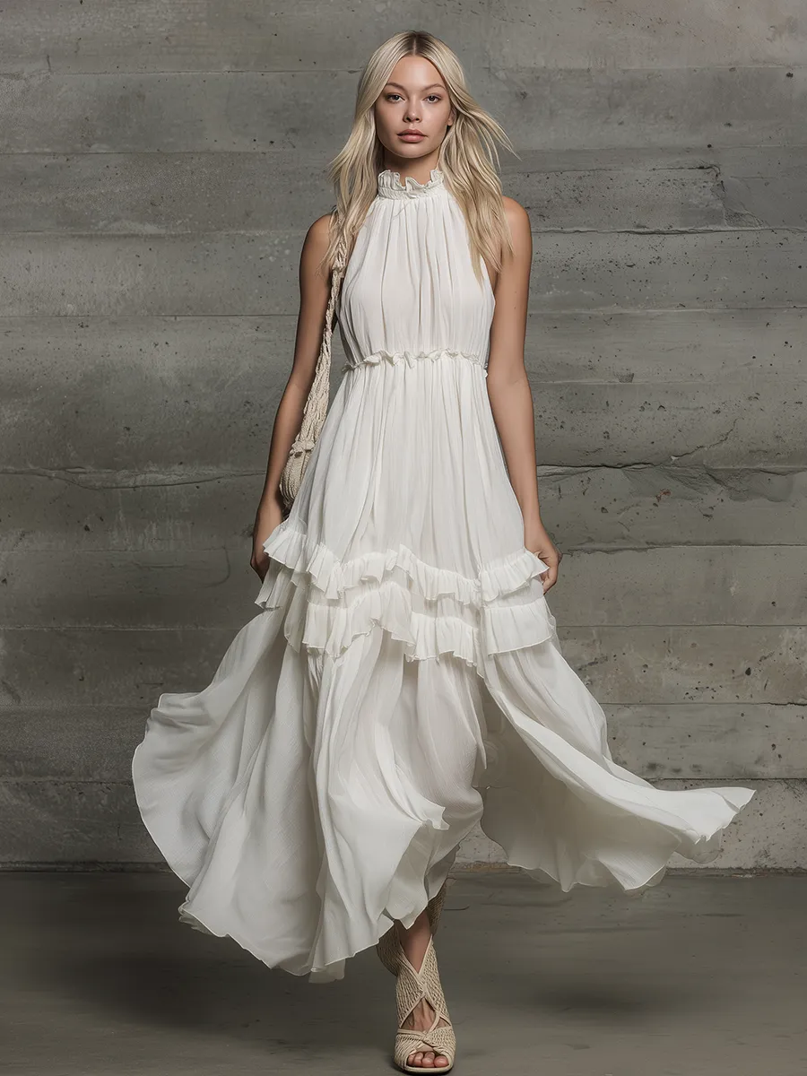 Elegant Vacation Stand-collar Sleeveless Ruffled Chiffon Midi Dress sold by Oyrosy product image thumbnail 2
