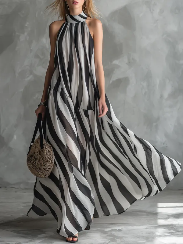 Stylish Relaxed Resort-style Stand-collar Striped Chiffon Maxi Dress made by Oyrosy