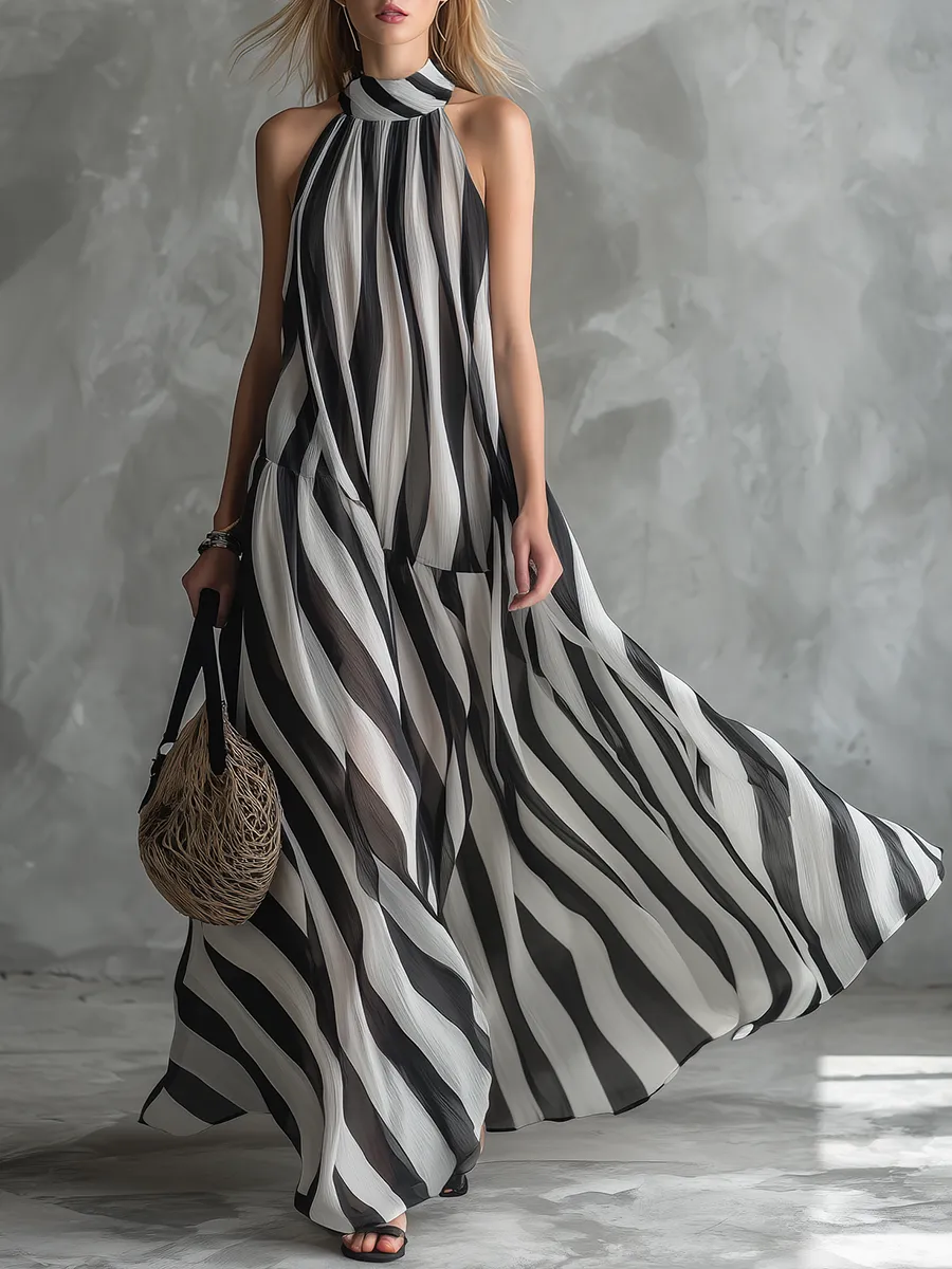 Stylish Relaxed Resort-style Stand-collar Striped Chiffon Maxi Dress sold by Oyrosy