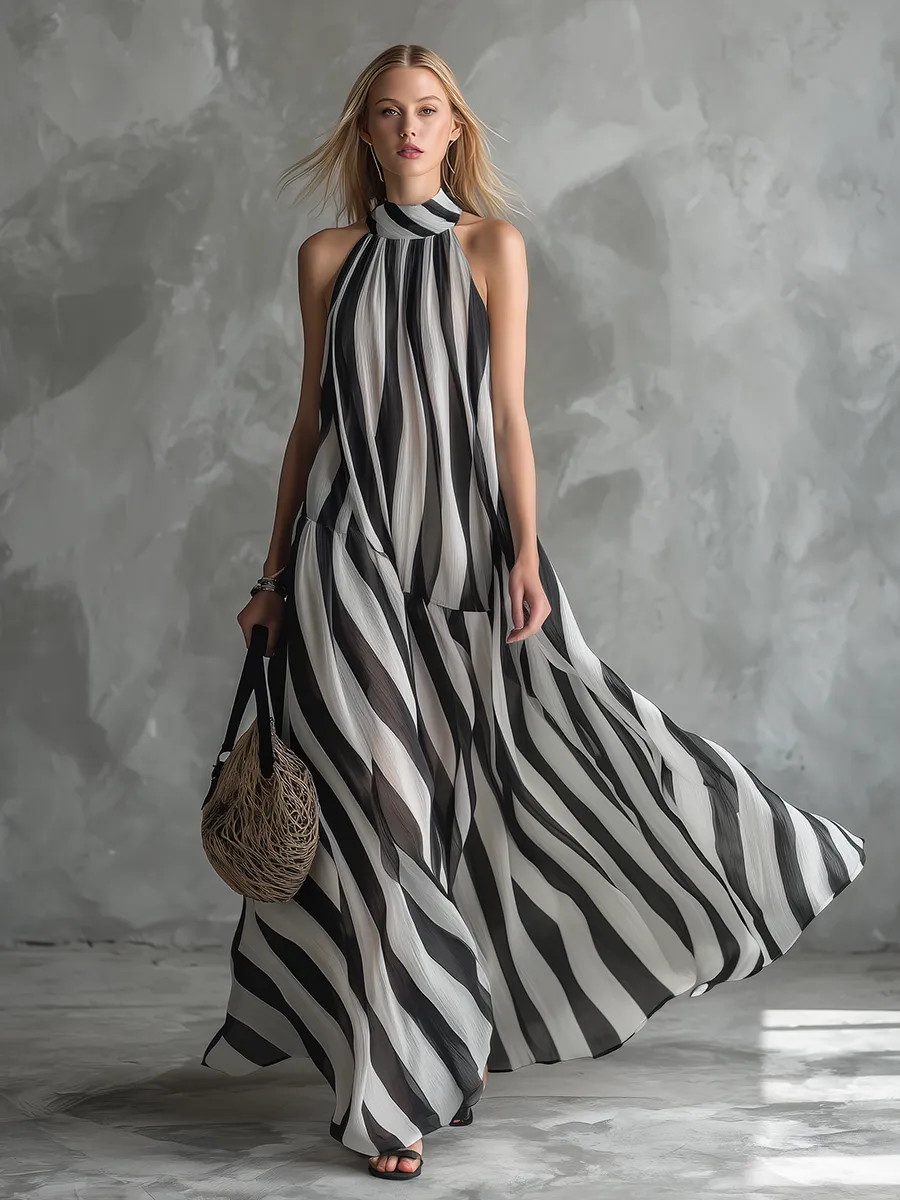 Stylish Relaxed Resort-style Stand-collar Striped Chiffon Maxi Dress sold by Oyrosy product image thumbnail 2
