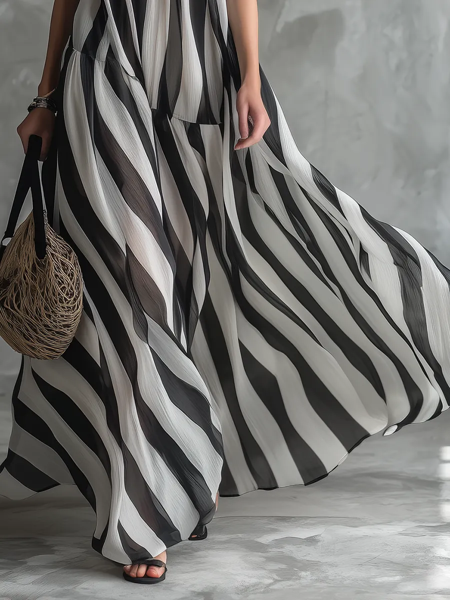 Stylish Relaxed Resort-style Stand-collar Striped Chiffon Maxi Dress sold by Oyrosy product image thumbnail 4