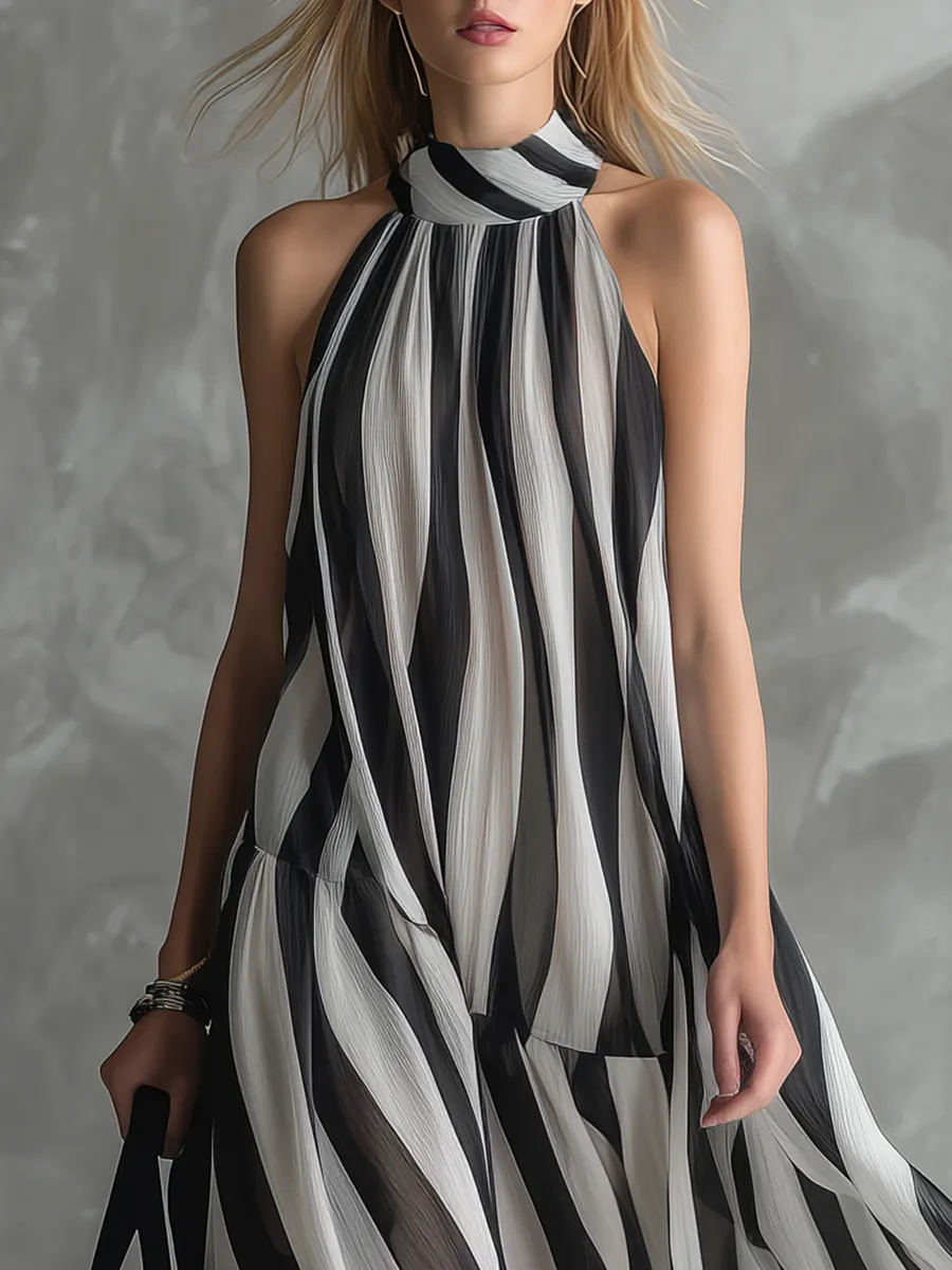Stylish Relaxed Resort-style Stand-collar Striped Chiffon Maxi Dress sold by Oyrosy product image thumbnail 3