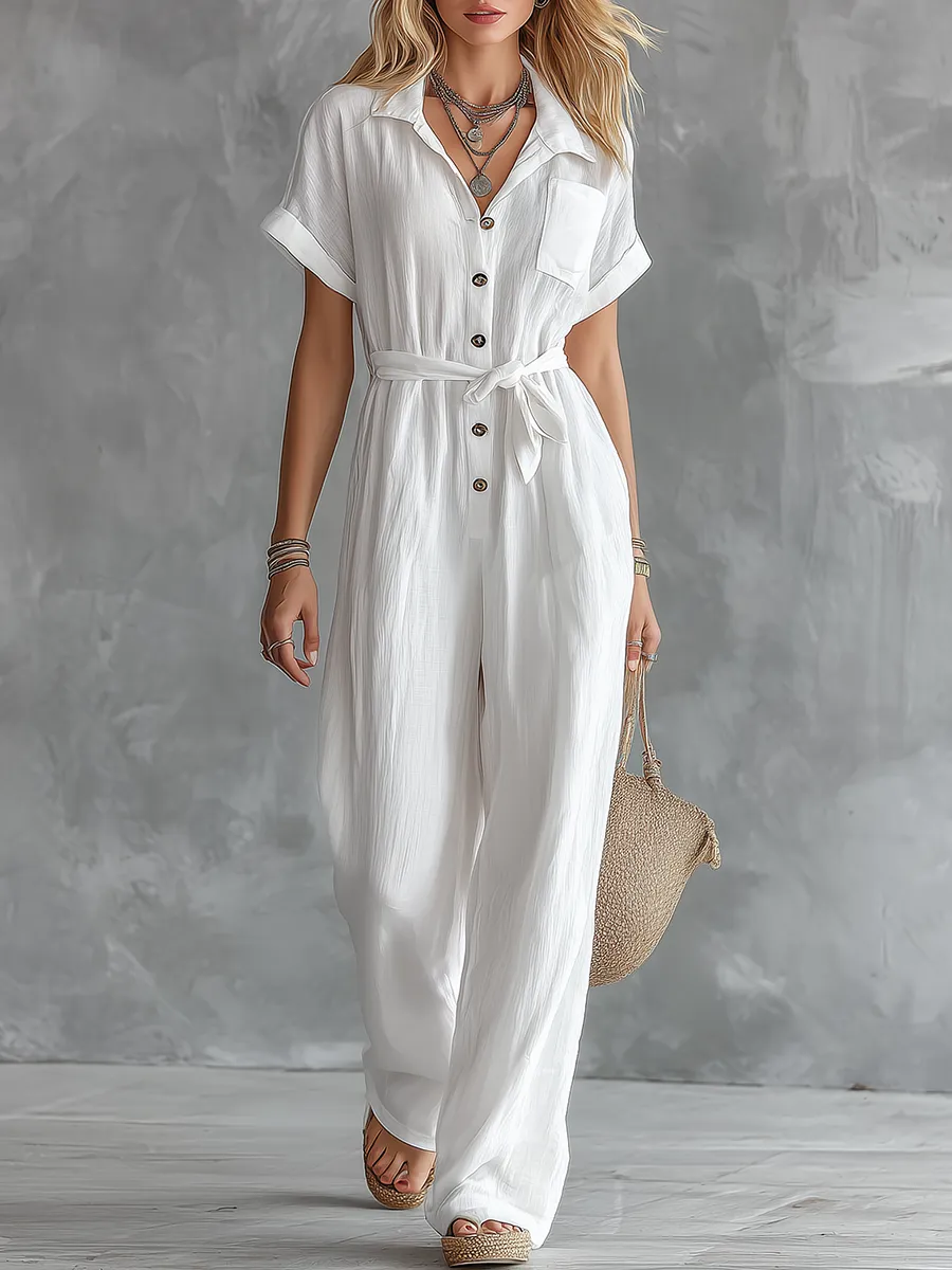 Stylish Casual Vacation V-neck Short Sleeve Jumpsuit sold by Oyrosy