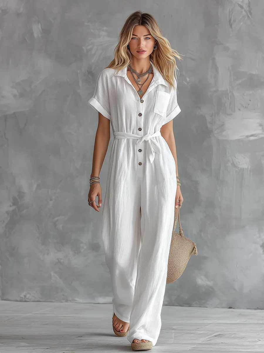 Stylish Casual Vacation V-neck Short Sleeve Jumpsuit sold by Oyrosy product image thumbnail 2