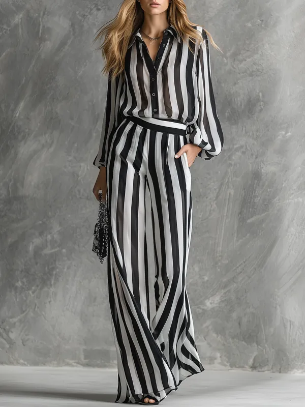 Stylish Casual Striped Chiffon Long Sleeve Shirt And Striped Wide-leg Pants Set sold by Oyrosy