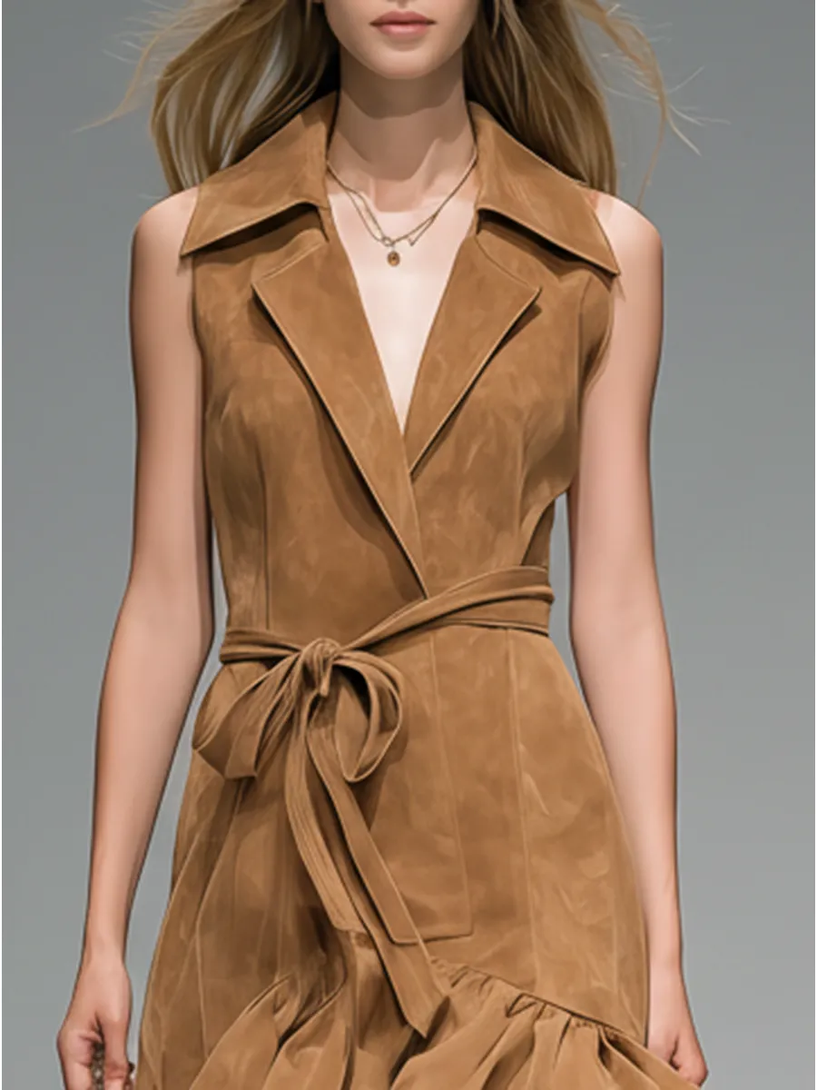 Fashionable Retro-style Collared Ruffled Sleeveless Faux Suede Maxi Dress sold by Oyrosy product image thumbnail 3