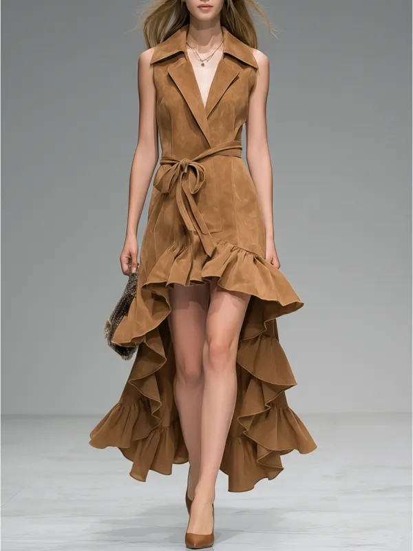 Fashionable Retro-style Collared Ruffled Sleeveless Faux Suede Maxi Dress sold by Oyrosy