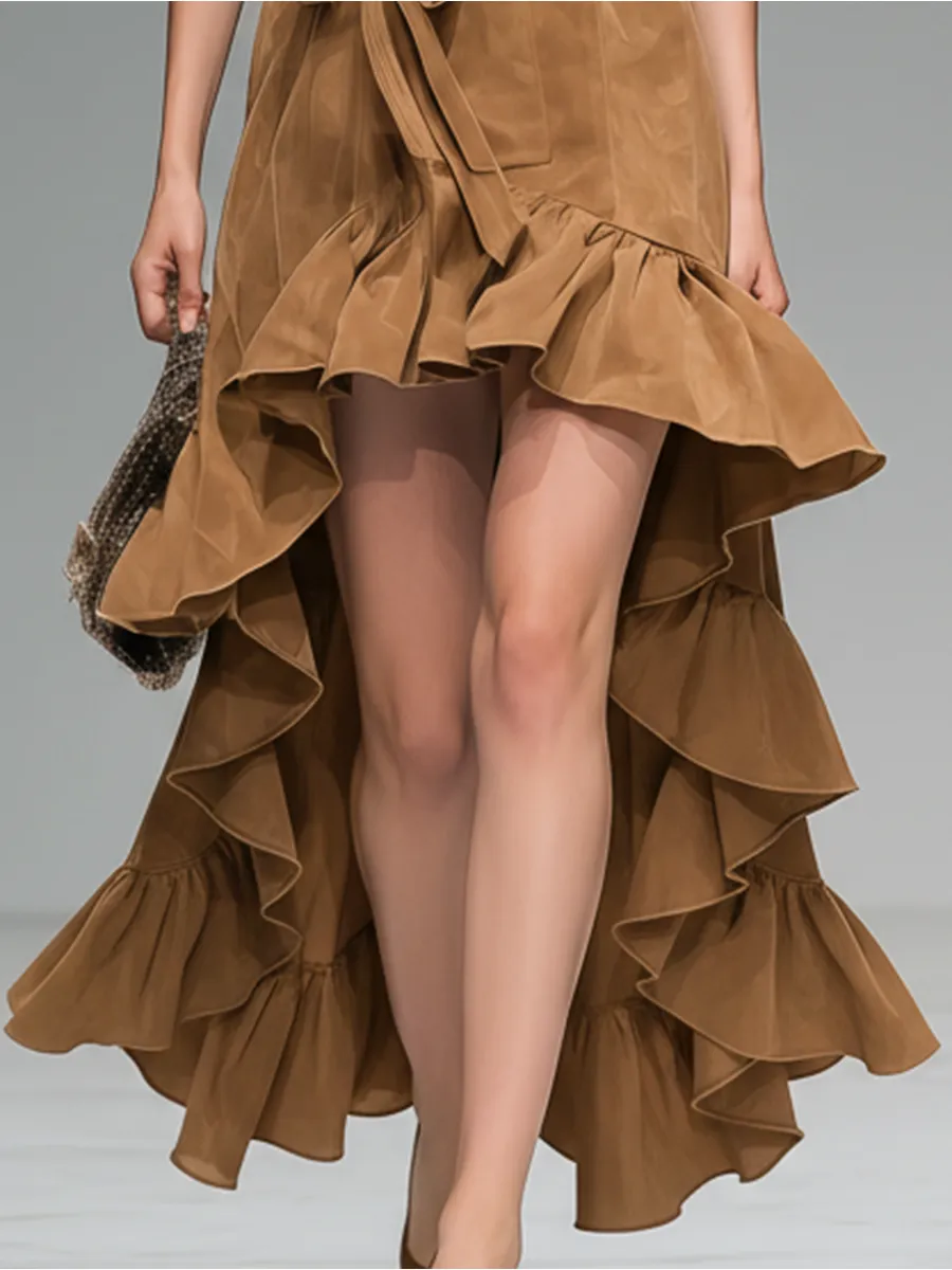 Fashionable Retro-style Collared Ruffled Sleeveless Faux Suede Maxi Dress sold by Oyrosy product image thumbnail 4