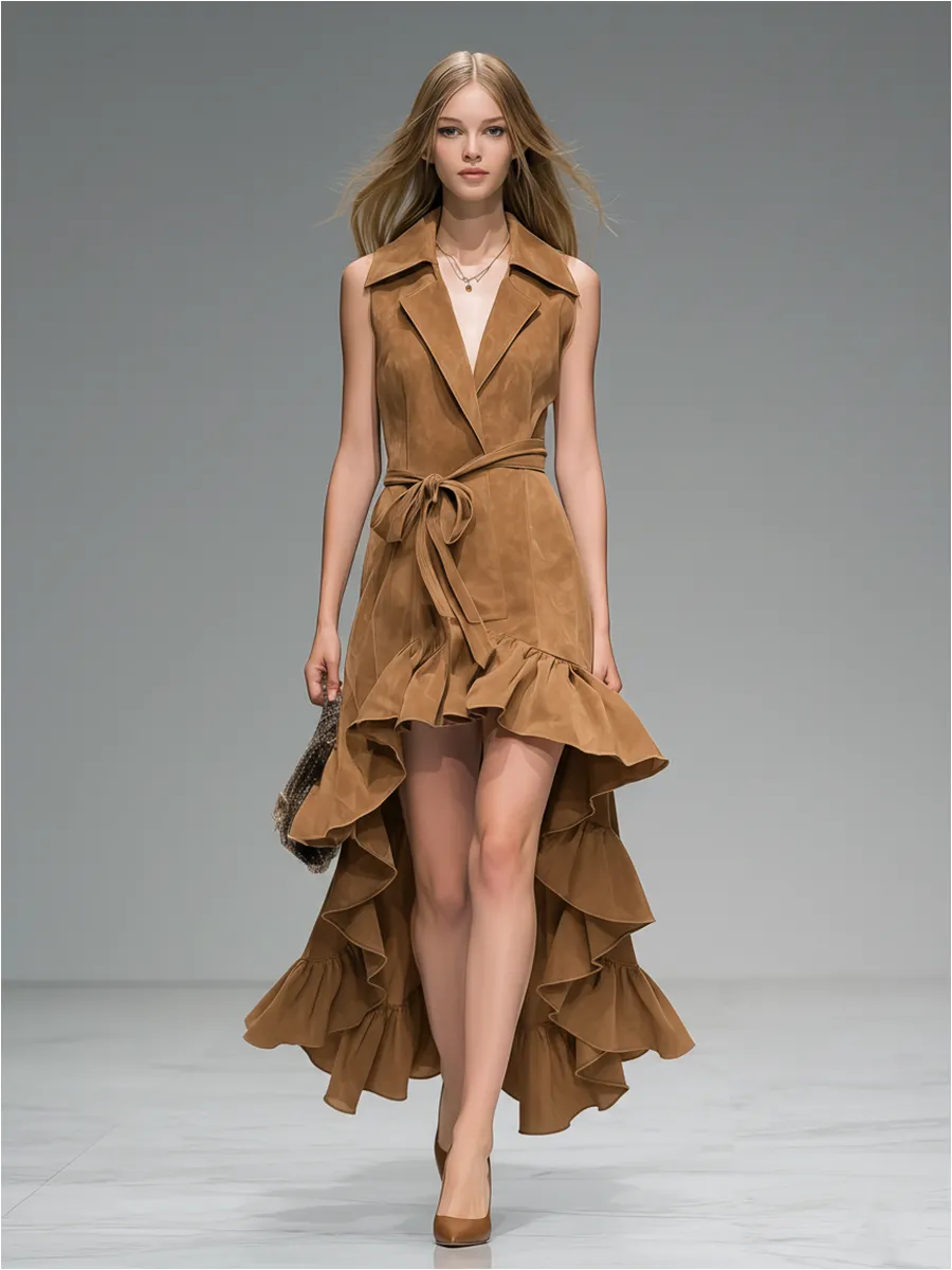 Fashionable Retro-style Collared Ruffled Sleeveless Faux Suede Maxi Dress sold by Oyrosy product image thumbnail 2