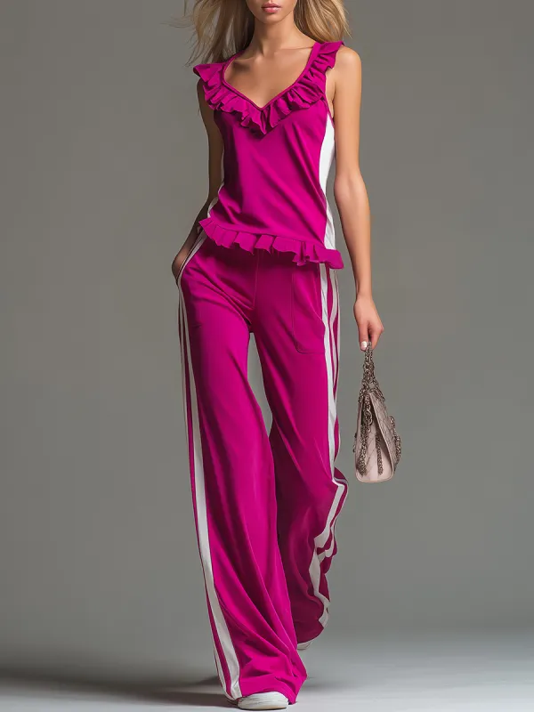 Sporty And Stylish Ruffled Sleeveless Top And Trousers Set made by Oyrosy
