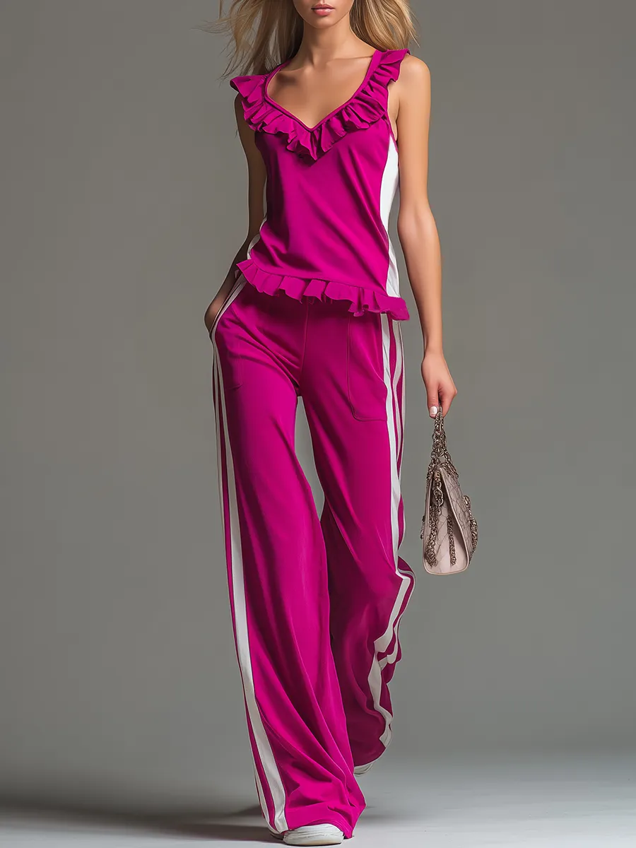 Sporty And Stylish Ruffled Sleeveless Top And Trousers Set sold by Oyrosy