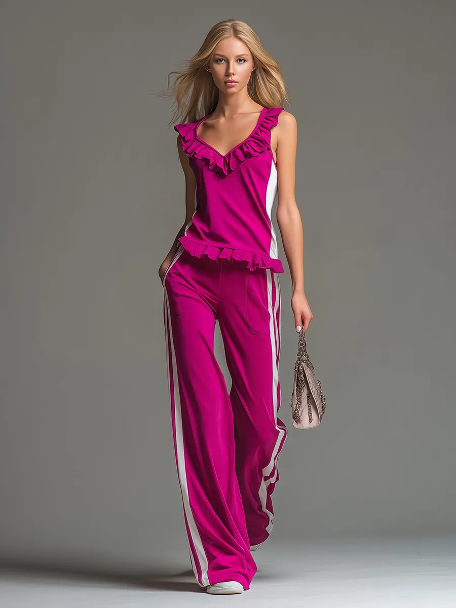 Sporty And Stylish Ruffled Sleeveless Top And Trousers Set sold by Oyrosy product image thumbnail 2