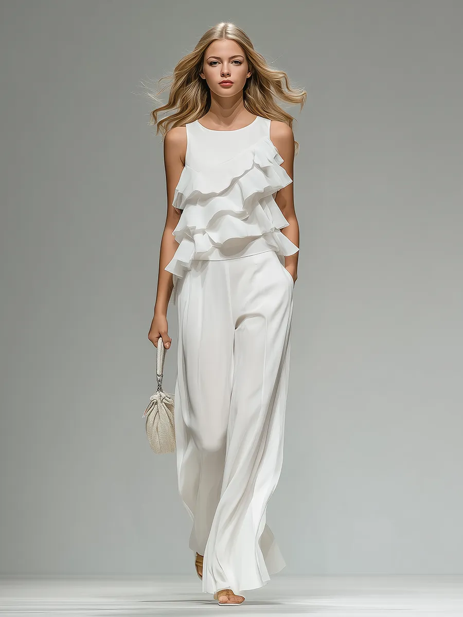 Elegant And Stylish Sleeveless Round Neck Ruffled Top And Wide-leg Trousers Set sold by Oyrosy product image thumbnail 2