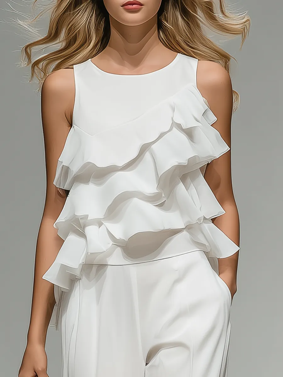 Elegant And Stylish Sleeveless Round Neck Ruffled Top And Wide-leg Trousers Set sold by Oyrosy product image thumbnail 3