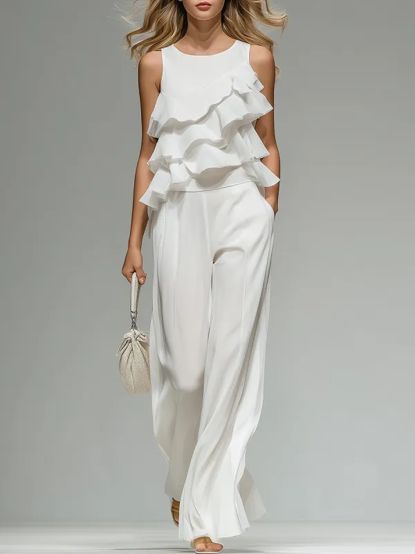 Elegant And Stylish Sleeveless Round Neck Ruffled Top And Wide-leg Trousers Set sold by Oyrosy