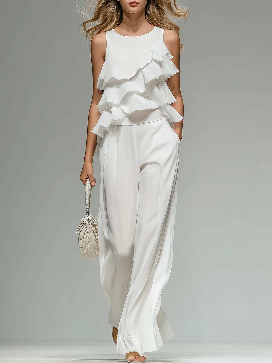 Elegant And Stylish Sleeveless Round Neck Ruffled Top And Wide-leg Trousers Set sold by Oyrosy