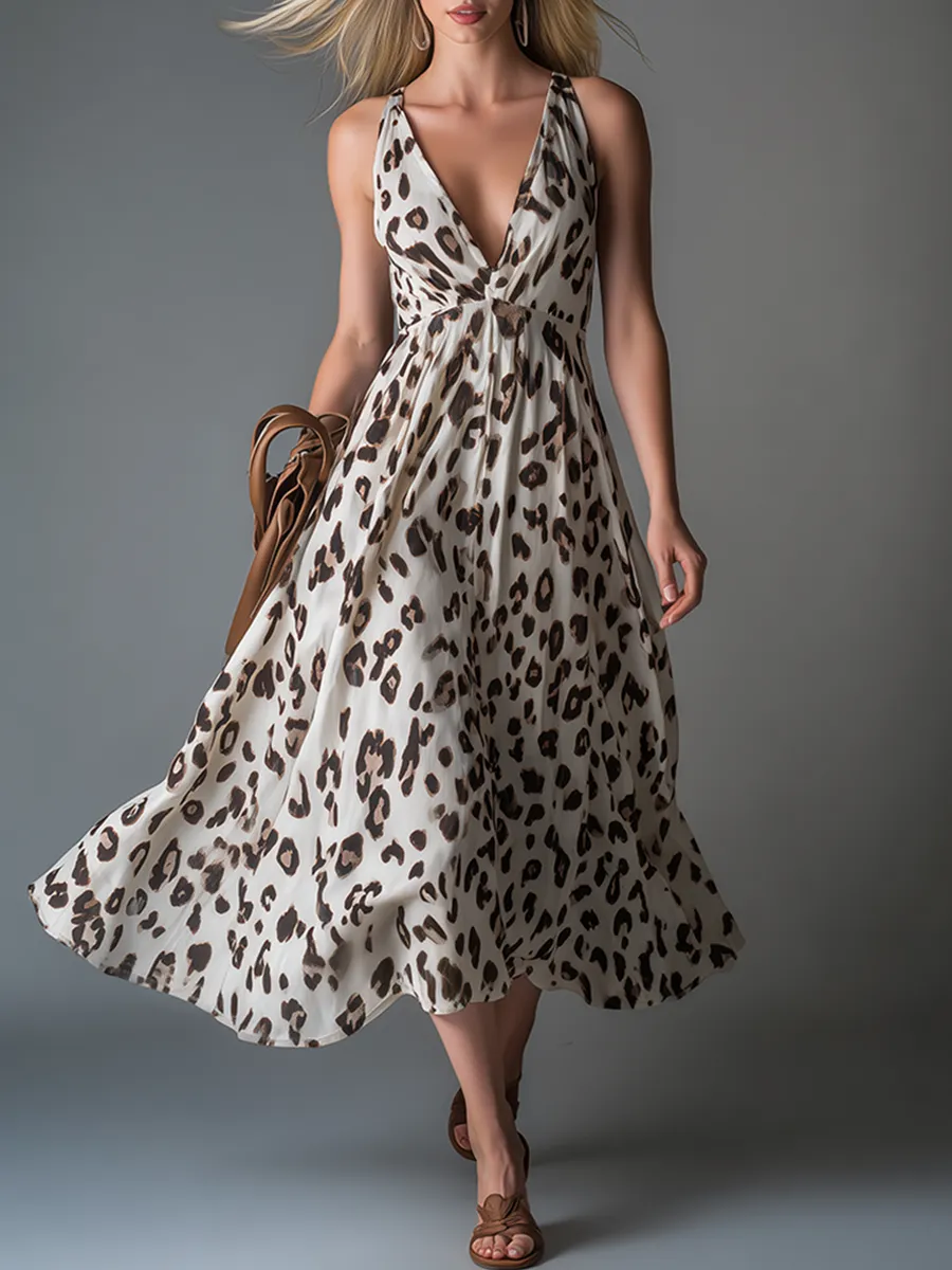 Retro-chic V-neck Sleeveless Leopard Print Chiffon Midi Dress sold by Oyrosy
