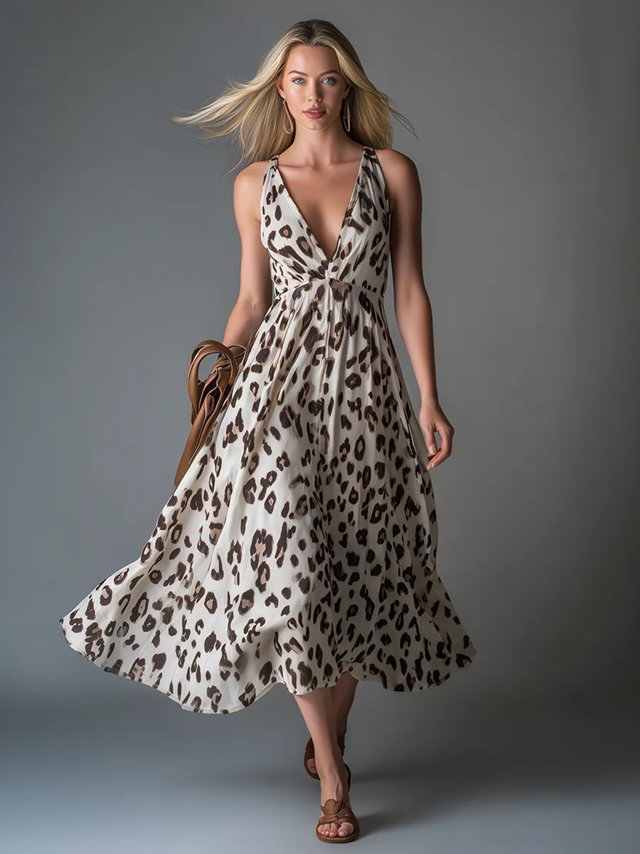 Retro-chic V-neck Sleeveless Leopard Print Chiffon Midi Dress sold by Oyrosy product image thumbnail 2