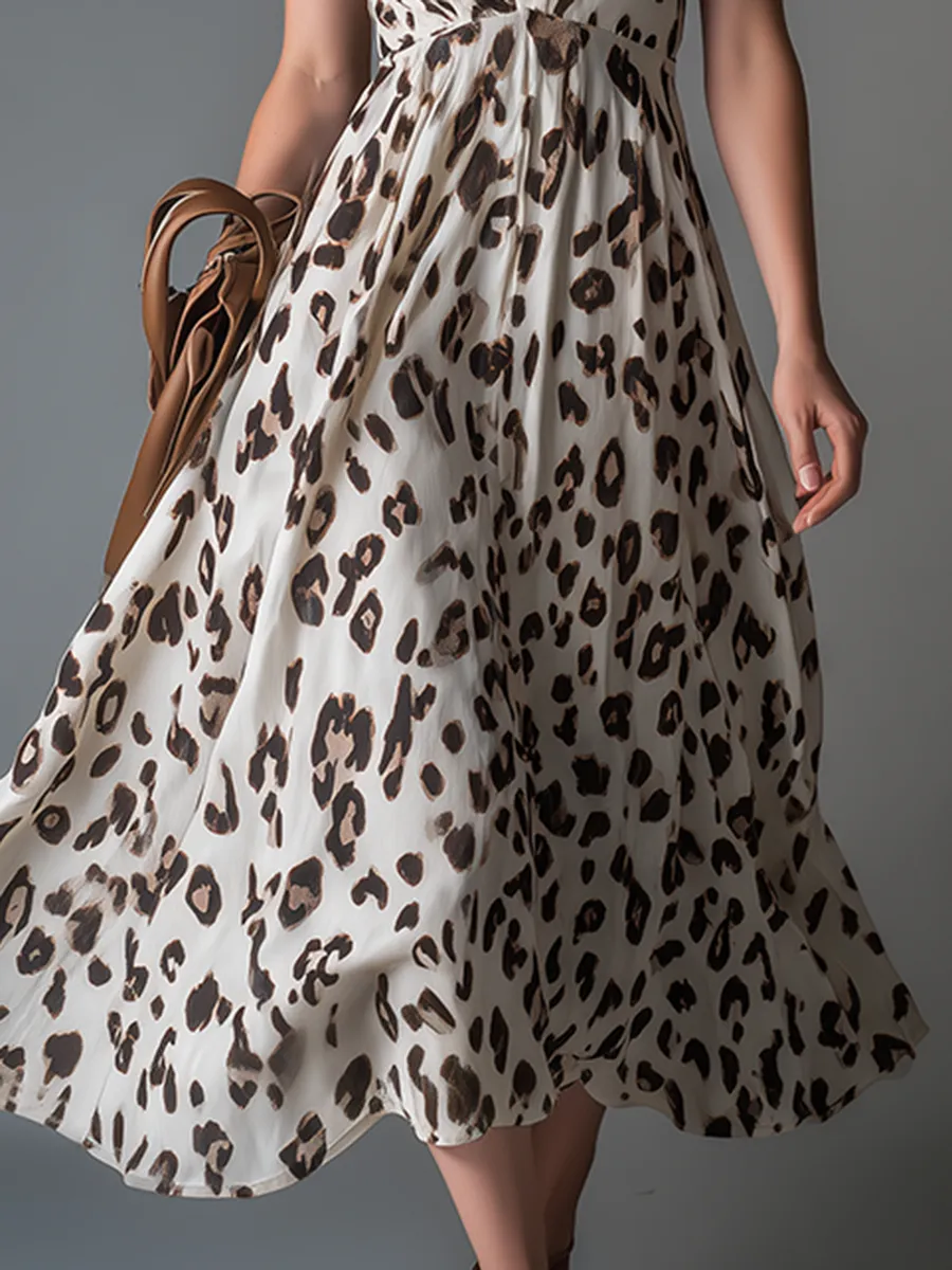 Retro-chic V-neck Sleeveless Leopard Print Chiffon Midi Dress sold by Oyrosy product image thumbnail 4