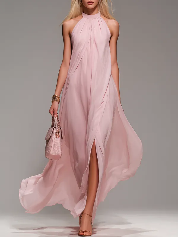 Comfortable And Elegant Halter Neck Sleeveless Slit Chiffon Maxi Dress made by Oyrosy