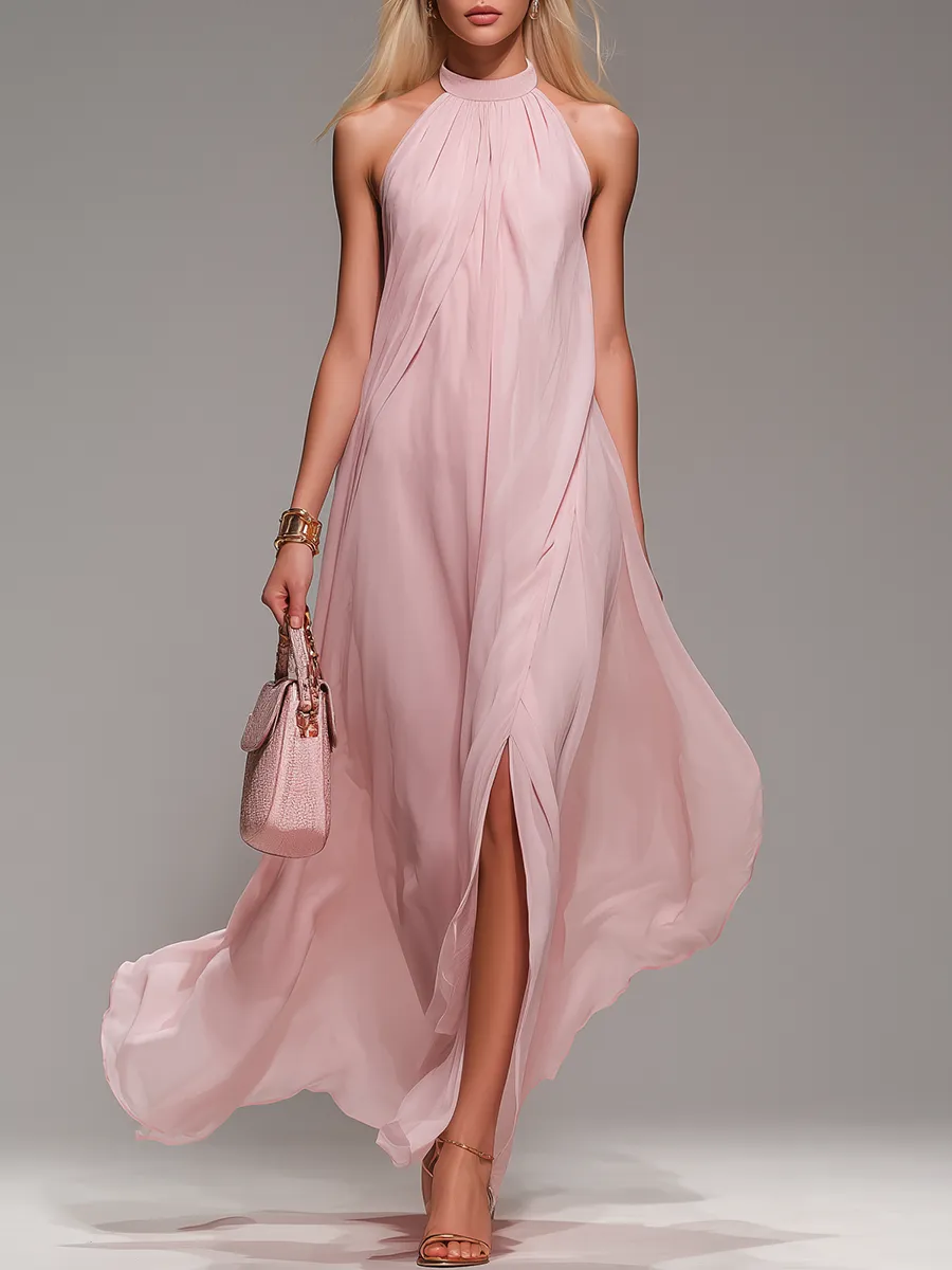 Comfortable And Elegant Halter Neck Sleeveless Slit Chiffon Maxi Dress sold by Oyrosy