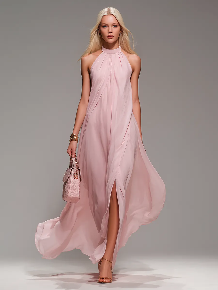 Comfortable And Elegant Halter Neck Sleeveless Slit Chiffon Maxi Dress sold by Oyrosy product image thumbnail 2