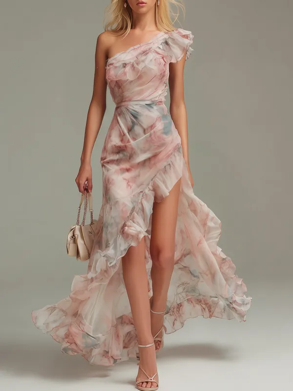 Relaxed And Elegant One-shoulder Slit Ruffled Printed Chiffon Maxi Dress sold by Oyrosy