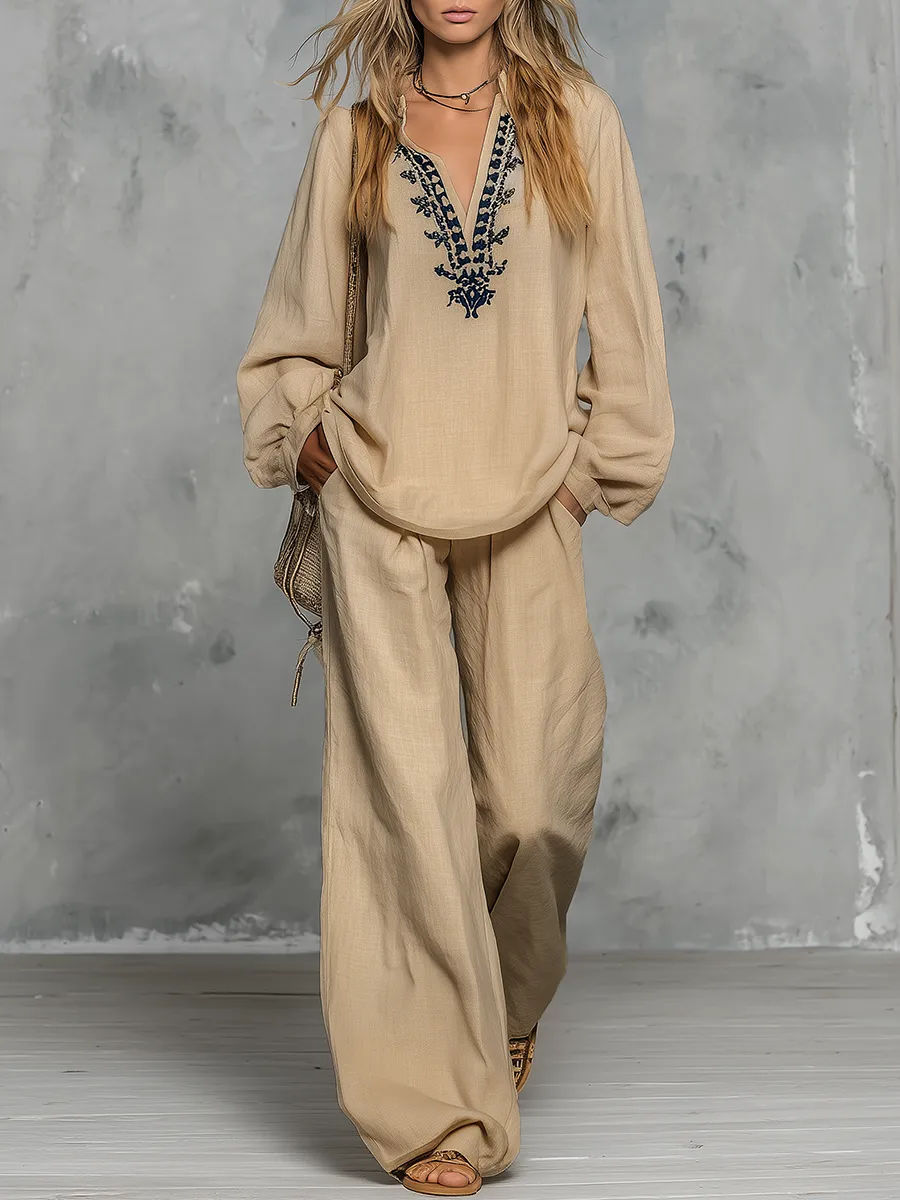 Retro Vacation Style V-neck Embroidered T-shirt And Flared Pants Set sold by Oyrosy