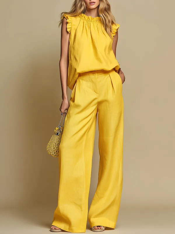 Elegant Vintage-style Sleeveless T-shirt And Flared Trousers Set sold by Oyrosy