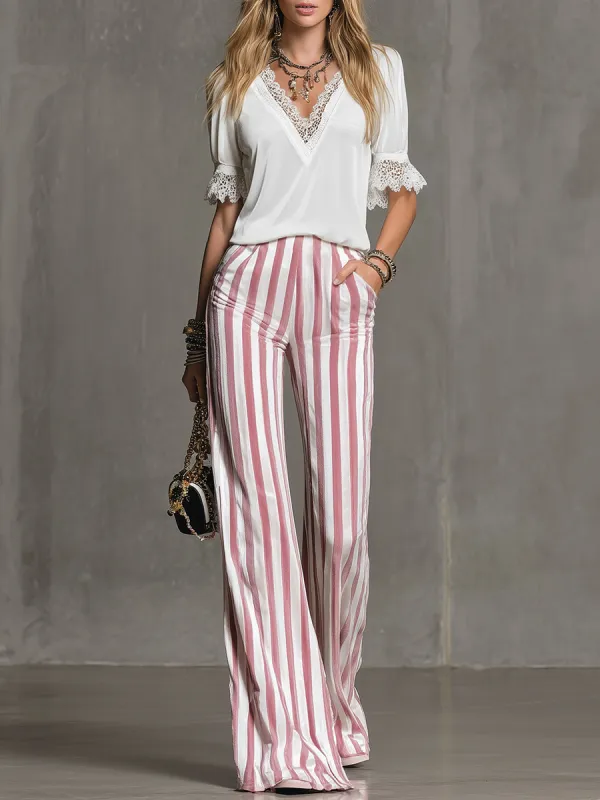 Elegant Vintage V-neck Short-sleeved Velvet T-shirt And Striped Flared Pants Set sold by Oyrosy