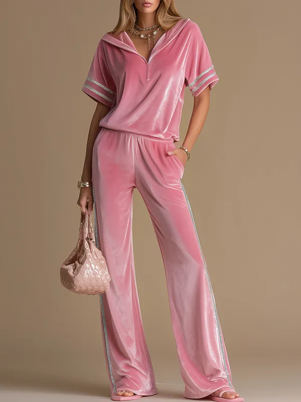 Athletic Stylish Hooded Short-sleeved Velvet T-shirt And Wide-leg Pants Set made by Oyrosy