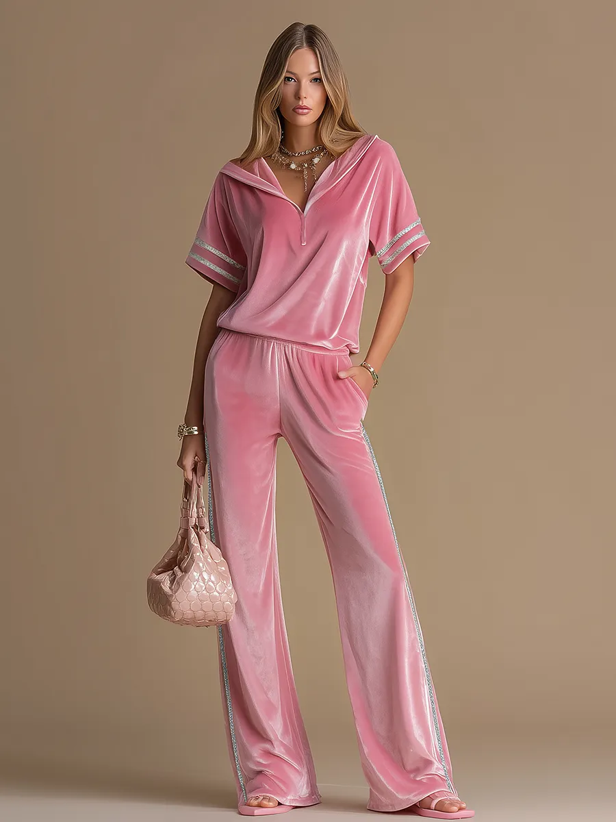 Athletic Stylish Hooded Short-sleeved Velvet T-shirt And Wide-leg Pants Set sold by Oyrosy product image thumbnail 2