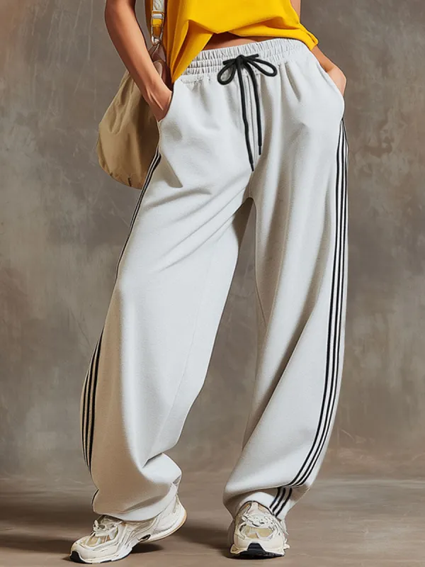 Sporty Retro Striped White-grey Cotton Blend Wide-leg Pants made by Oyrosy