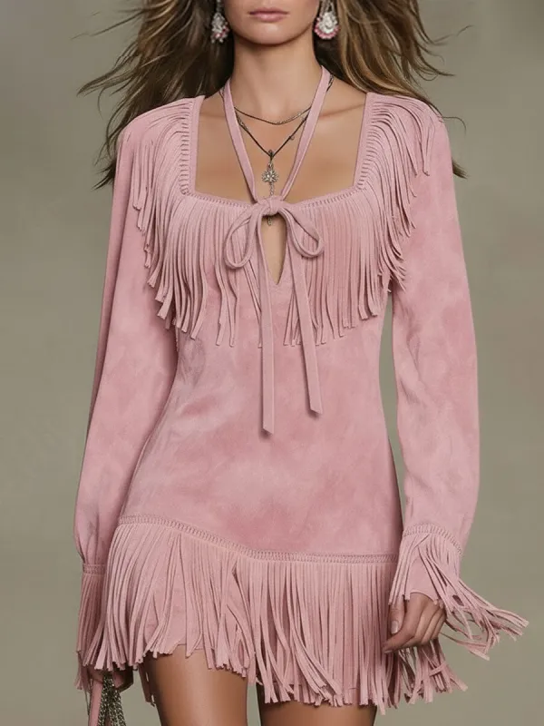Western Retro Pink Faux Suede Tassel Long-Sleeved Mini Dress sold by Oyrosy