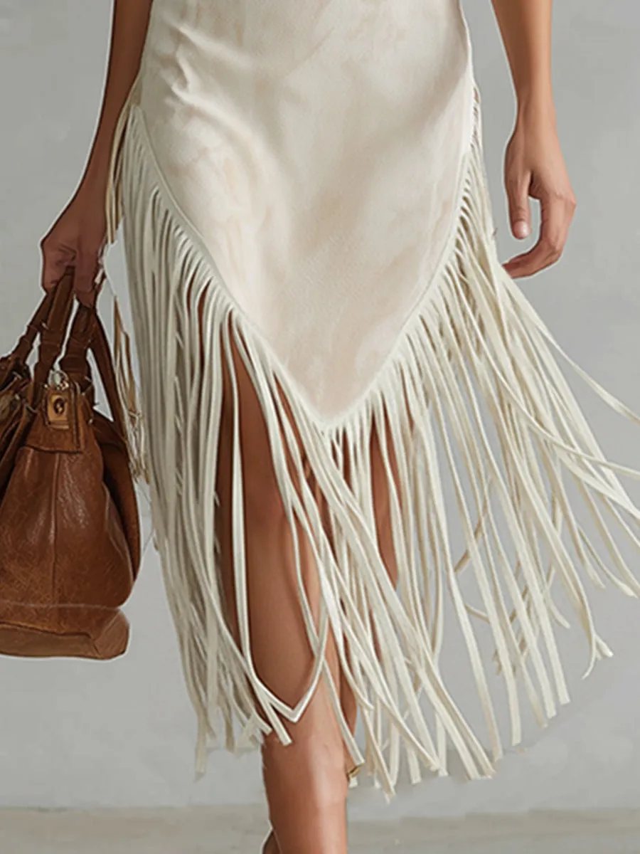 Retro Casual Embroidered White Faux Suede Fringed Midi Dress sold by Oyrosy product image thumbnail 4