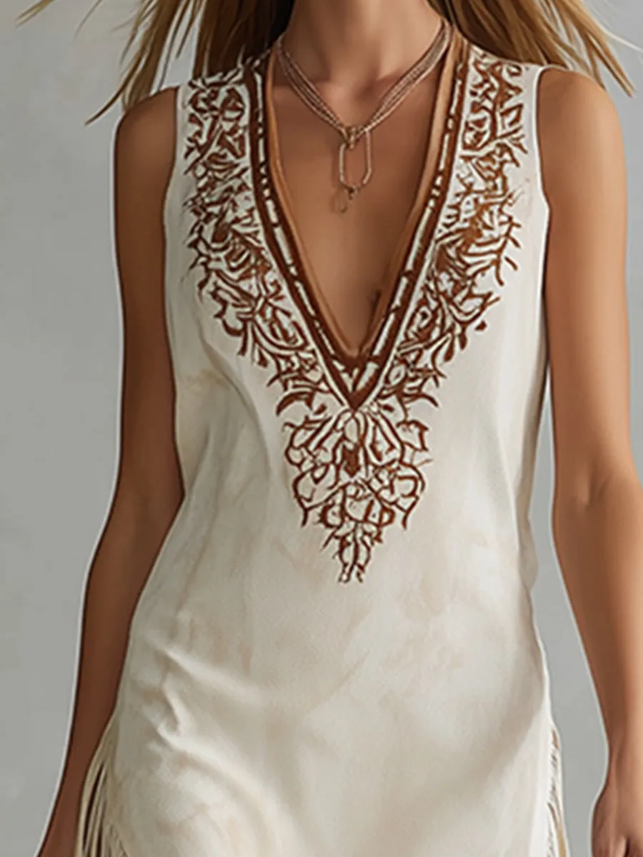Retro Casual Embroidered White Faux Suede Fringed Midi Dress sold by Oyrosy product image thumbnail 3