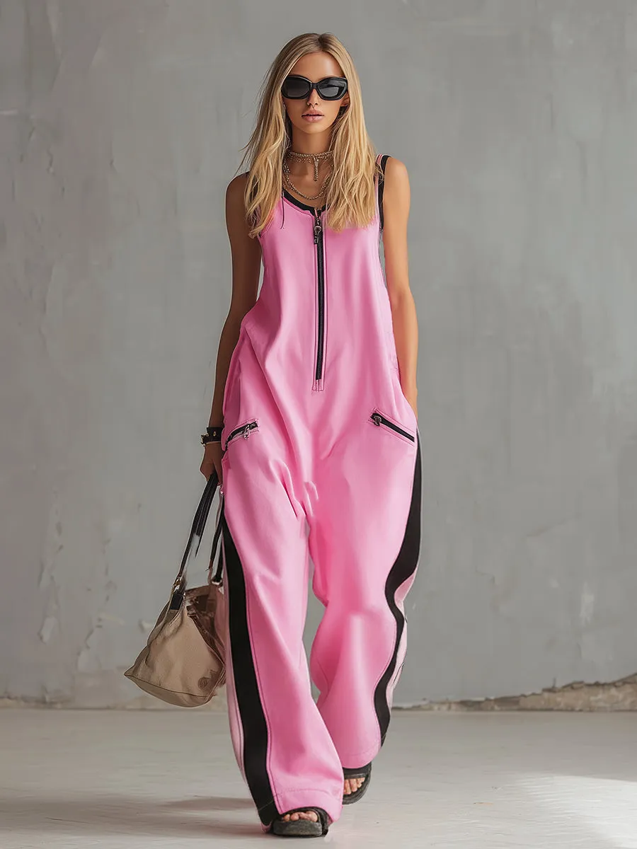 Casual Urban Style Sporty Pink Cotton Loose-fitting Sleeveless Jumpsuit sold by Oyrosy product image thumbnail 2
