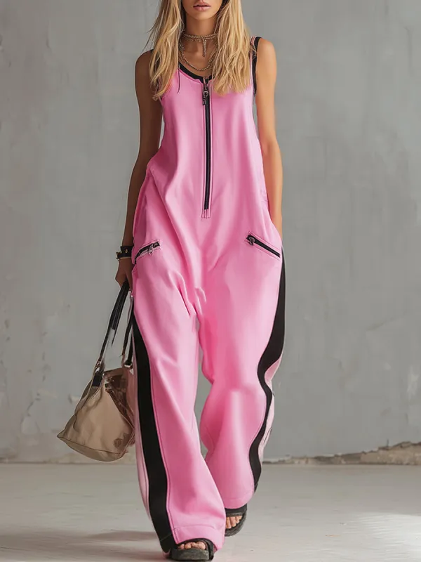 Casual Urban Style Sporty Pink Cotton Loose-fitting Sleeveless Jumpsuit sold by Oyrosy
