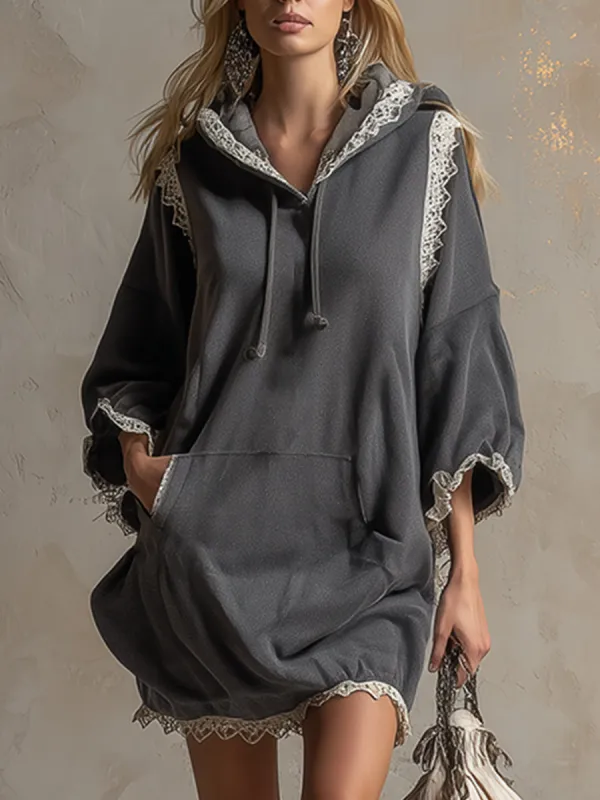 Elegant Sporty Lace-trimmed Gray Cotton Hooded Mini Dress made by Oyrosy