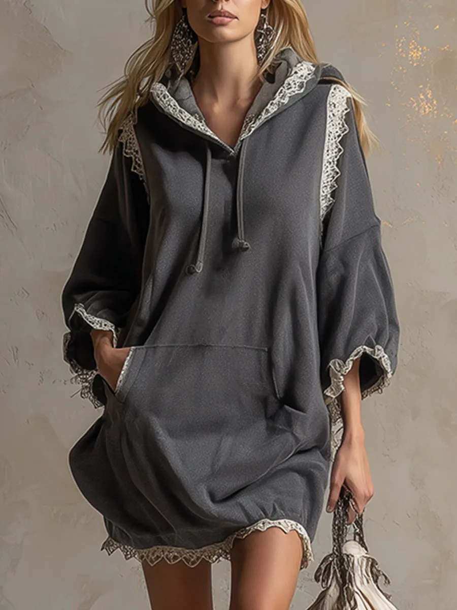 Elegant Sporty Lace-trimmed Gray Cotton Hooded Mini Dress sold by Oyrosy
