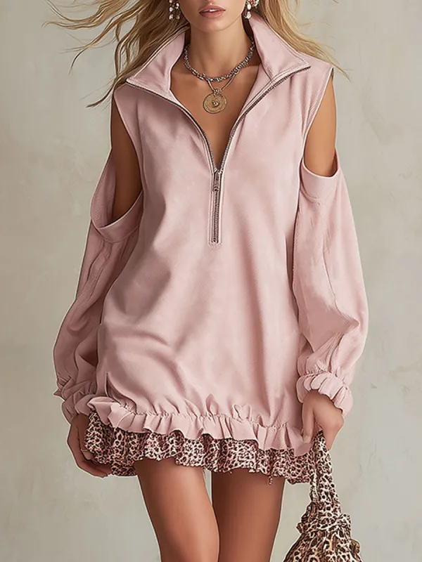 Western-style Vintage Leopard Print Trim Pink Faux Suede Mini Dress sold by Oyrosy