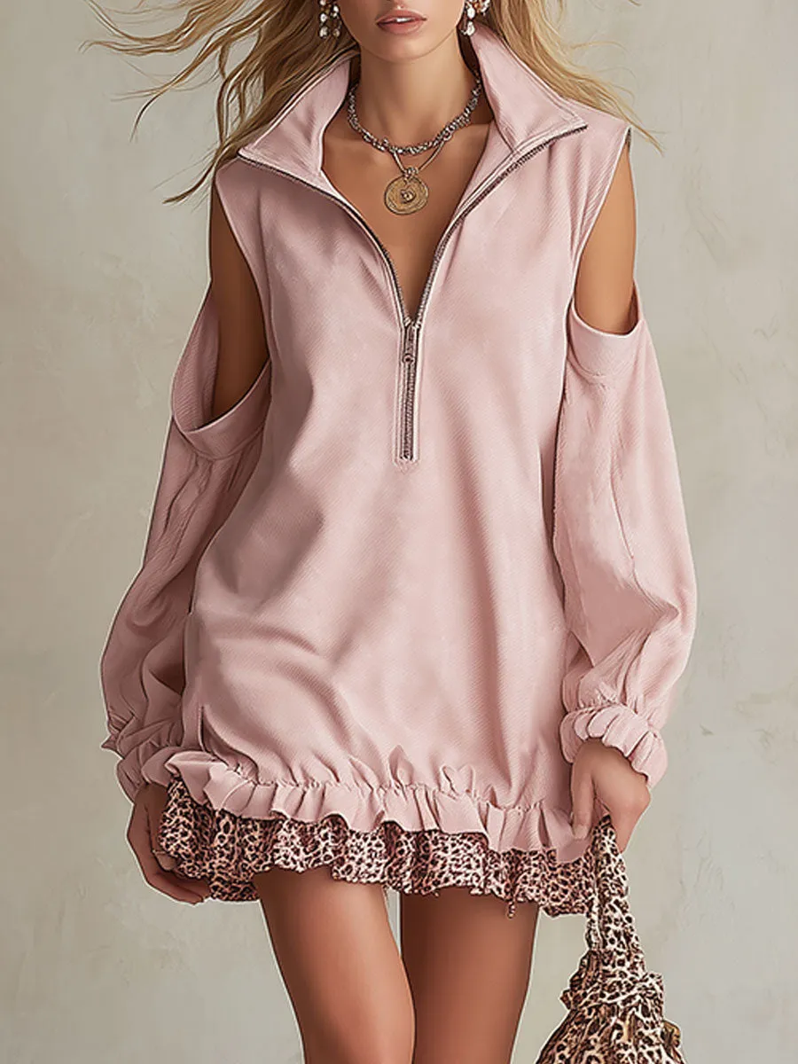 Western-style Vintage Leopard Print Trim Pink Faux Suede Mini Dress sold by Oyrosy