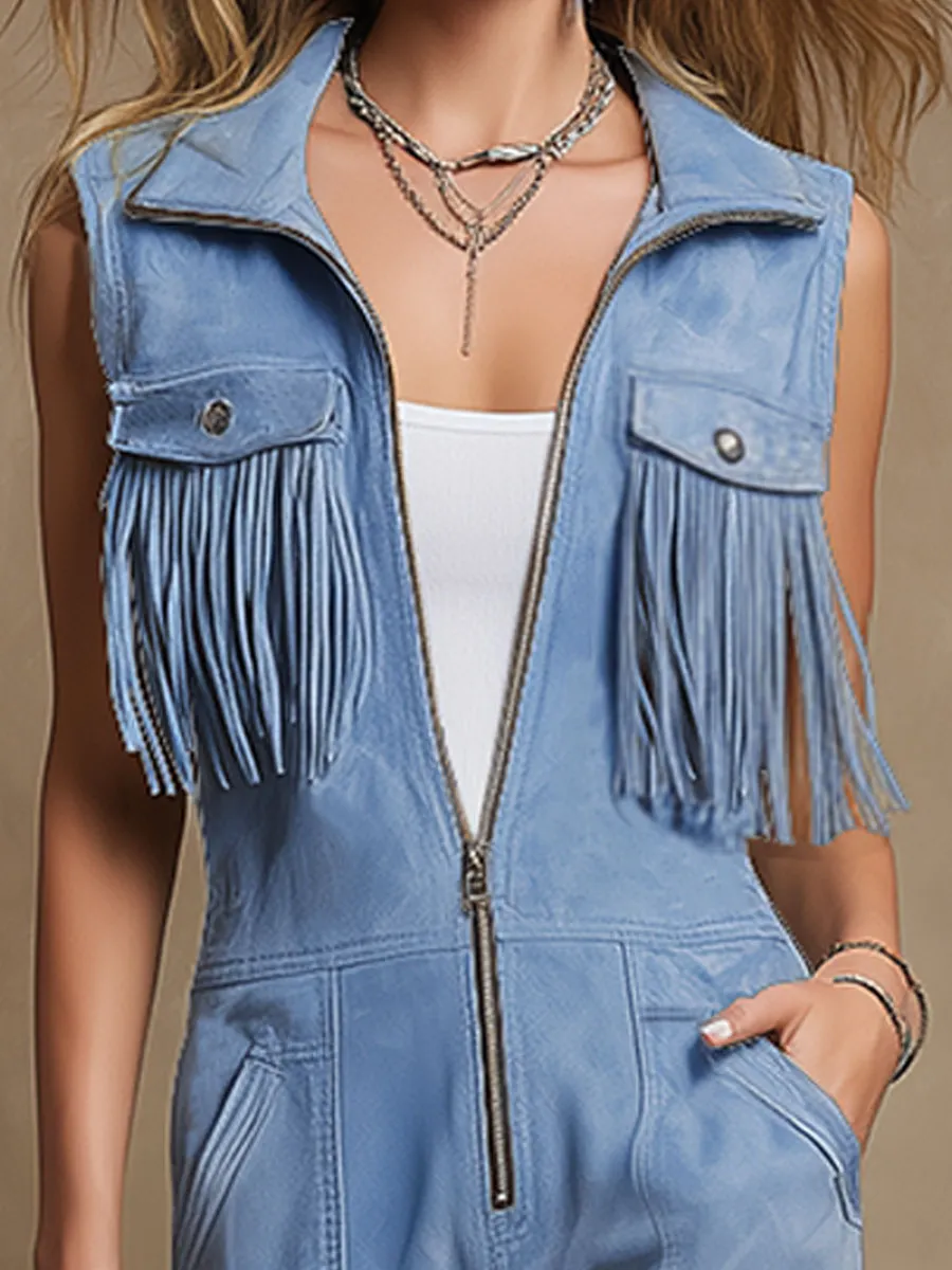 Western-style Vintage Fringed Blue Lapel Sleeveless Pocket Faux Suede Jumpsuit sold by Oyrosy product image thumbnail 3