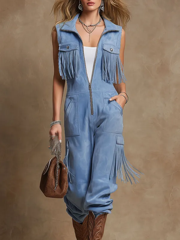 Western-style Vintage Fringed Blue Lapel Sleeveless Pocket Faux Suede Jumpsuit made by Oyrosy