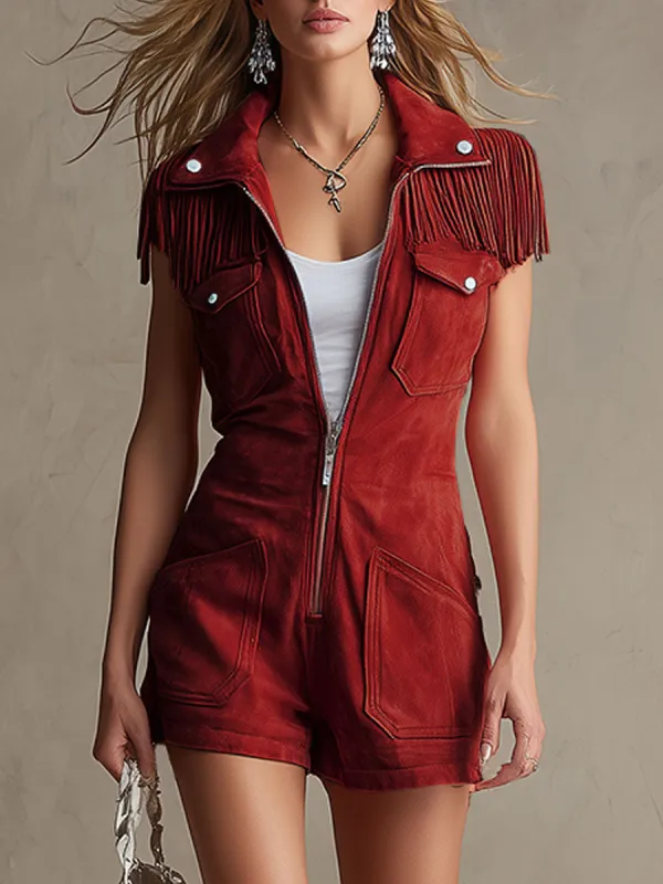 Western-style Vintage Fringed Red Lapel Short-sleeved Pocket Faux Suede Jumpsuit sold by Oyrosy