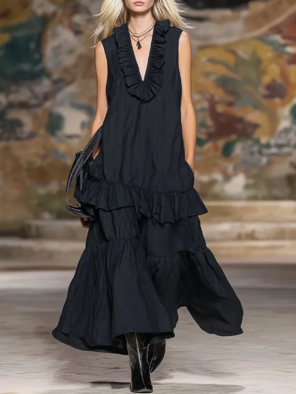 V-neck Ruffled Double-pocket Cotton-linen Sleeveless Maxi Dress sold by Oyrosy